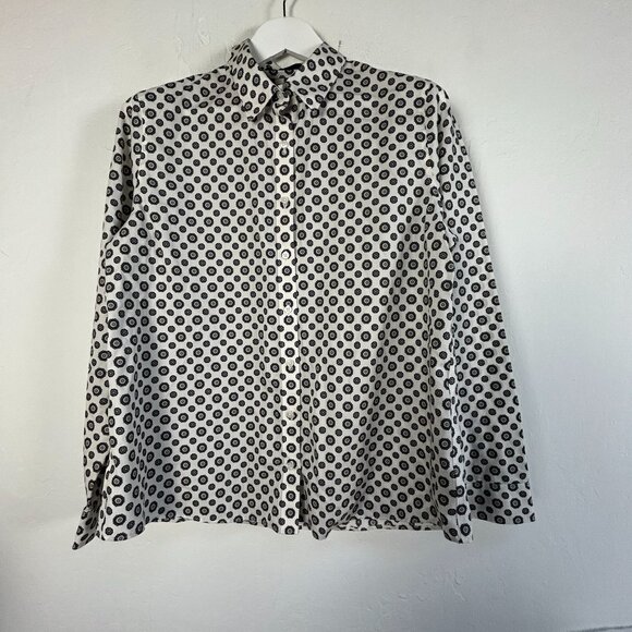 Lands' End Womens Black & White Floral Button-Up Shirt Size 14 No Iron Cotton - Picture 1 of 8